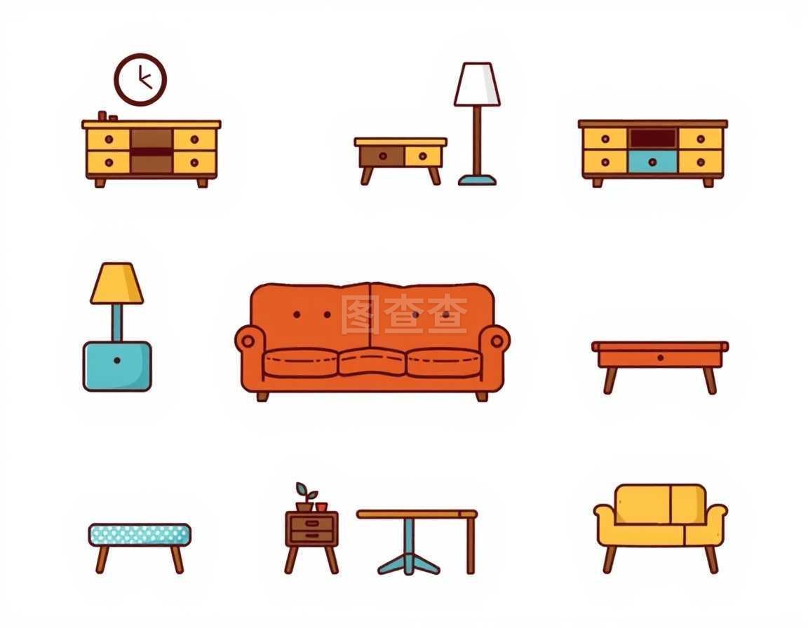 家具与服装 油渍风格图标集的设计与融合